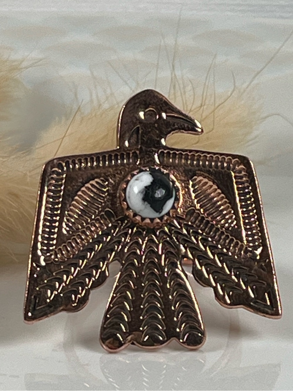 Solid Copper Thunderbird White Buffalo Gemstone Ring Size 8.5 Adjustable